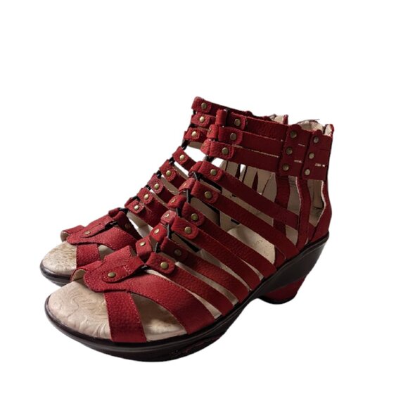 JAMBU Women's Red Leather Sugar Strappy Peep-Toe Back-Zipper Heel Sandals Size 6 - Picture 2 of 8